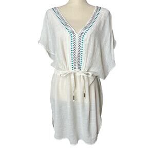 Kona Sol Swimsuit Cover in White w/Embroidery at Neckline Tie Waist Size XL